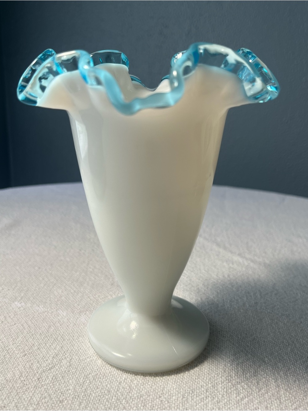 Vintage Fenton Blue Crest Aquamarine Crest Milk Glass Bud Vase 6” Ruffled Rim